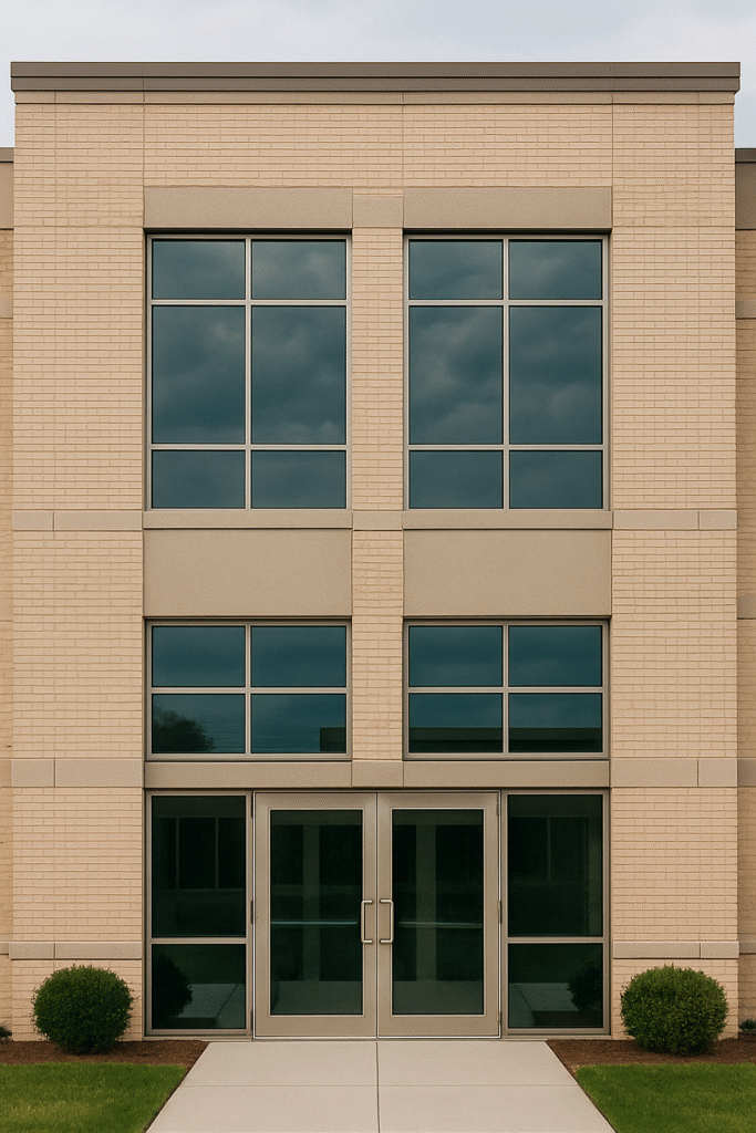 Outside of building with windows and glass doors and brick masonry