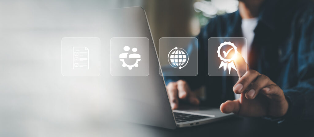 businessman working with computers service Quality assurance, Guarantee, Standards, ISO .