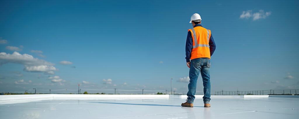 Roofer in orange vest, protective hard hat stands on roof coated with reflective paint. Man inspects flat commercial roof for energy efficiency renovation. Contractor looks away at clear blue sky.