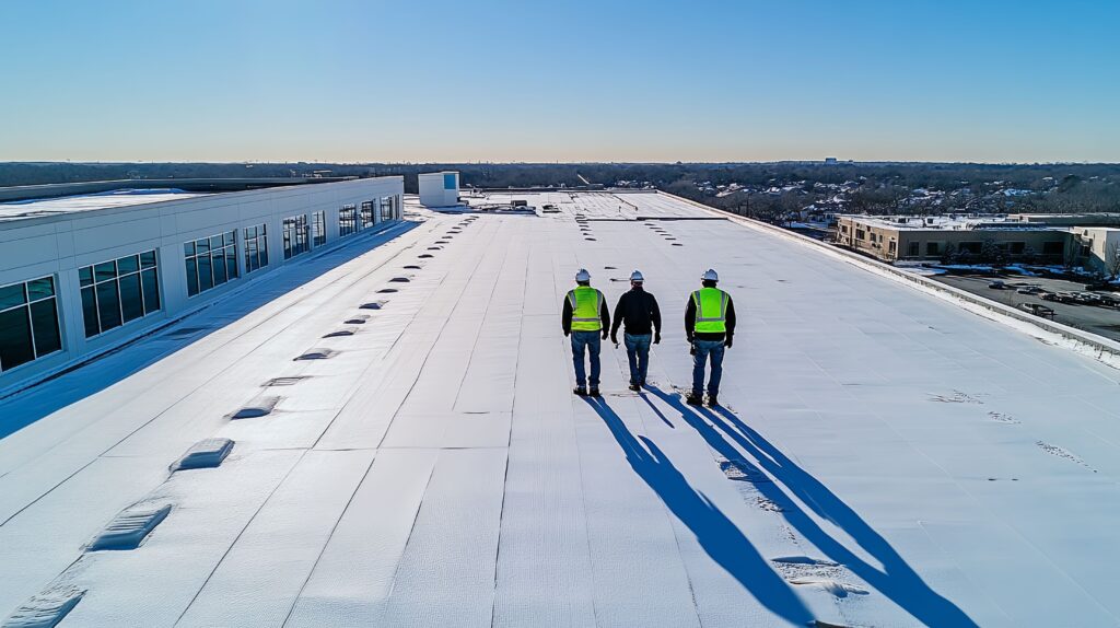 Roof Consultants walking on a white flat commercial roof