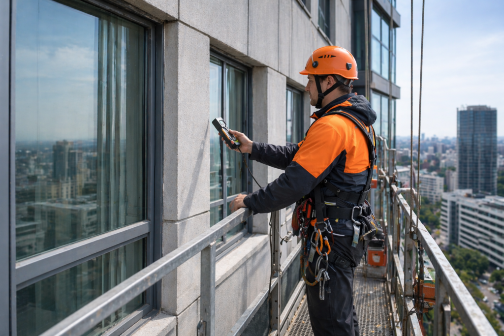 Technician on scaffolding in a city environment conducting a facade assessment.